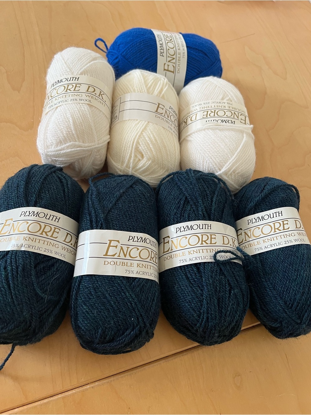 Plymouth 8 skeins Encore D.K.Yarn Bundle in Cream, White & Teal Blue